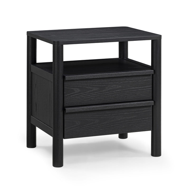 Black nightstand with open shelf and one drawer, dark wood grain finish