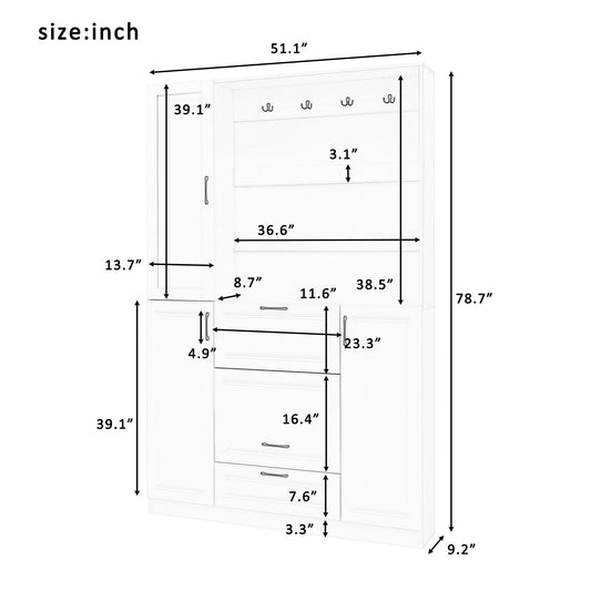 Entryway Bench With Integrated Shoe Cabinet, 3 In 1 Design And Mirrored Cabinet Door, Hall Tree With 4 Sturdy Hooks And Foldable Seat For Entrance, Living Room - White