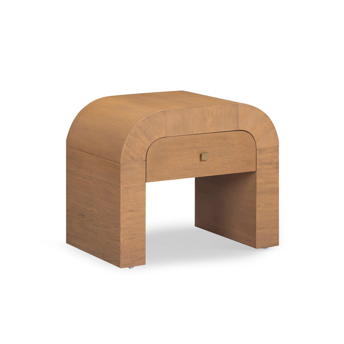 Light brown wooden nightstand with open side showing drawer front and pull