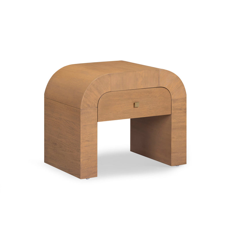 Light brown wooden nightstand with open side showing drawer front and pull