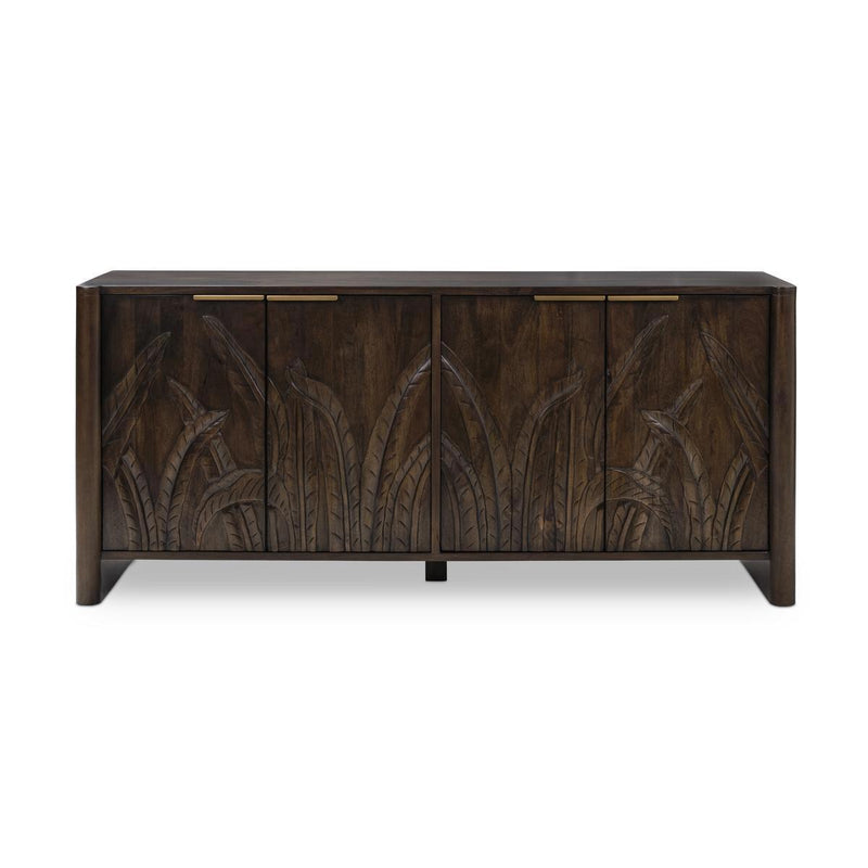 Dark brown wood 4-door buffet cabinet with carved leaf panel doors