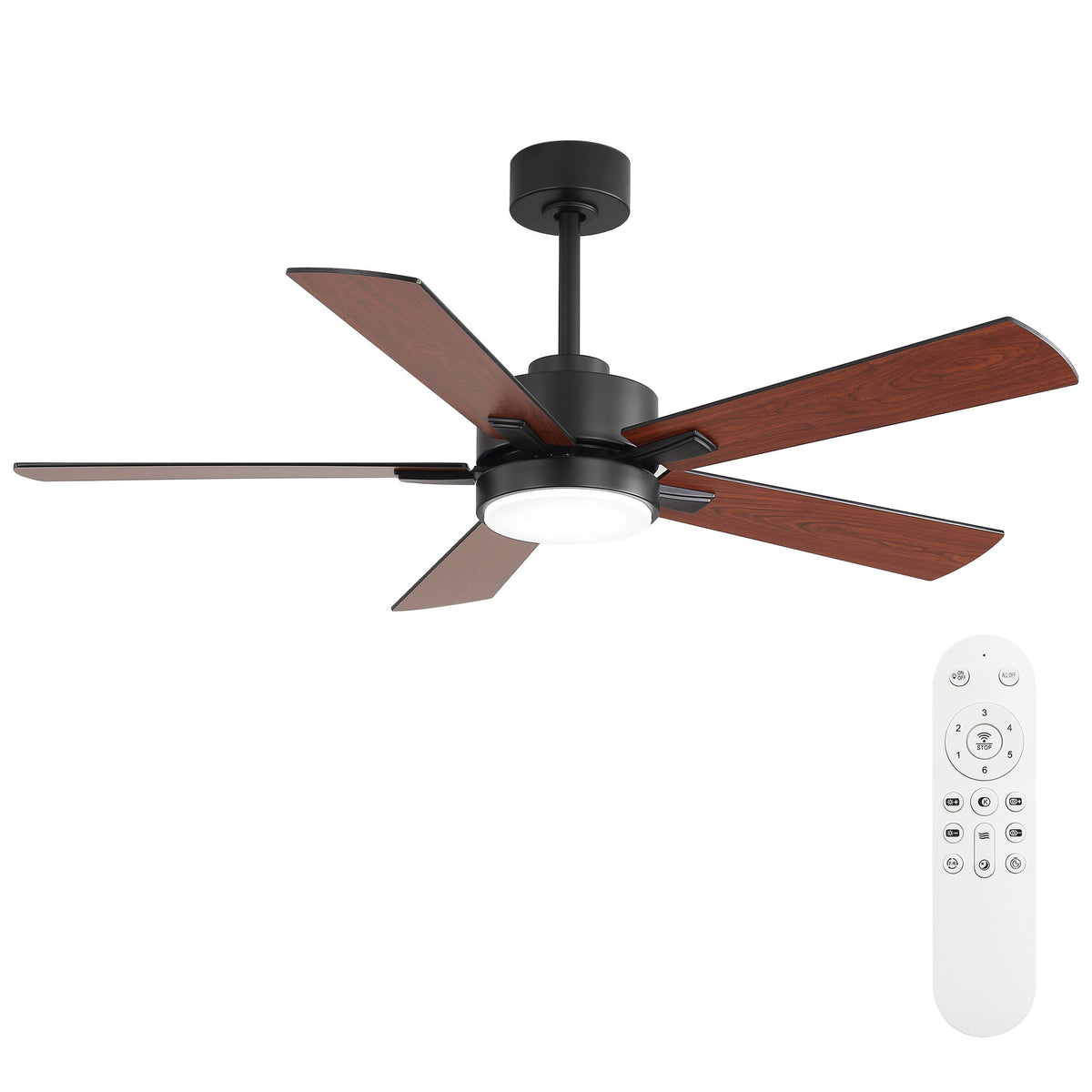 Black reversible ceiling fan with wood blades and built-in LED light; includes remote