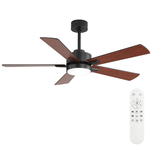 Black reversible ceiling fan with wood blades and built-in LED light; includes remote