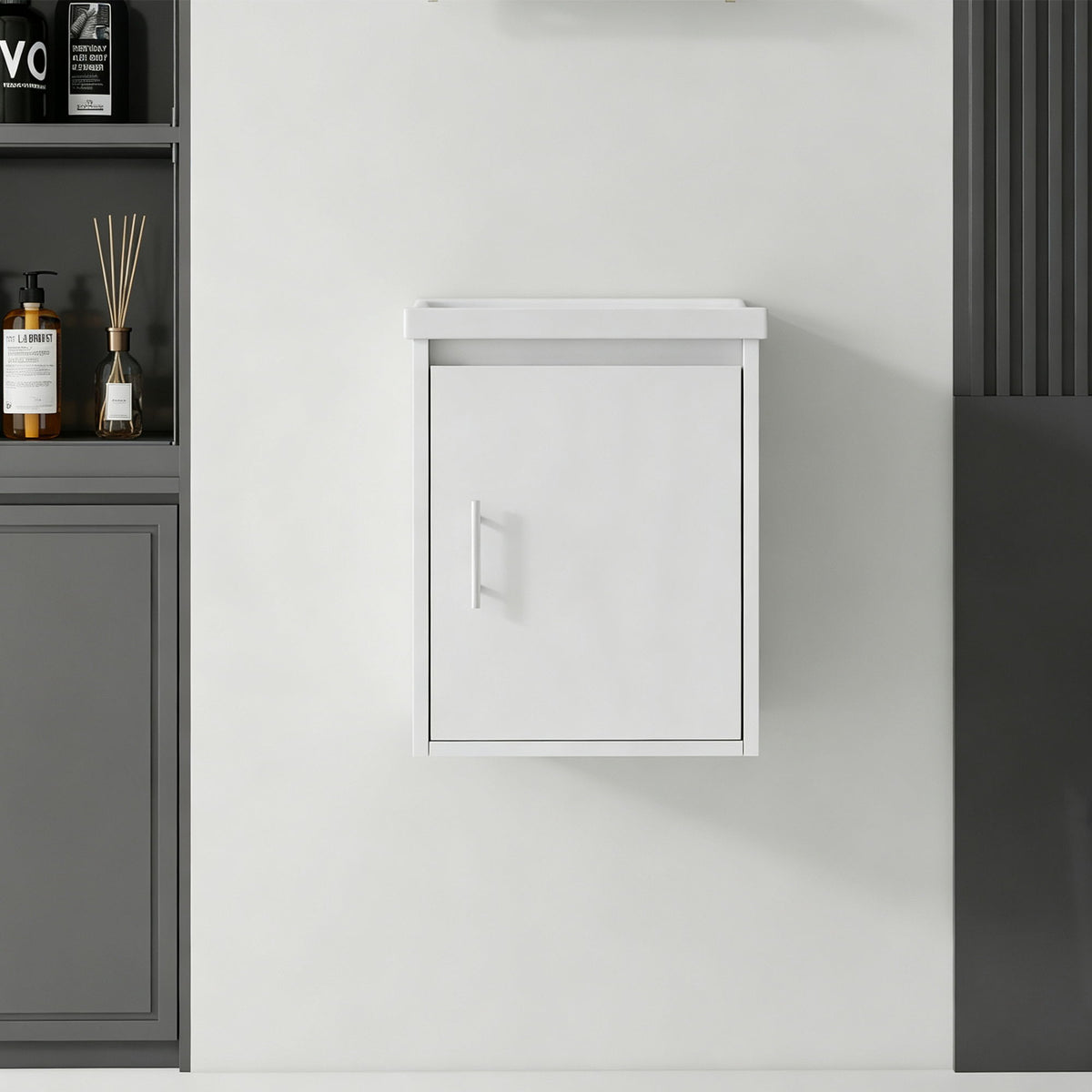 Wall-mounted bathroom vanity cabinet with white countertop and single door, white finish