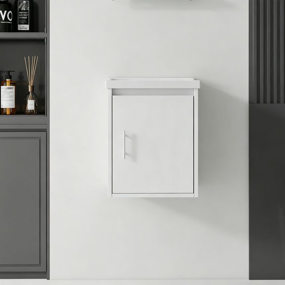 Wall-mounted bathroom vanity cabinet with white countertop and single door, white finish