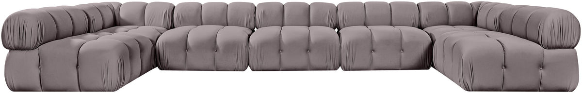 Gray U-shaped modular sectional sofa with tufted square cushions and rounded armrests