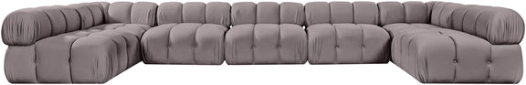 Gray U-shaped modular sectional sofa with tufted square cushions and rounded armrests