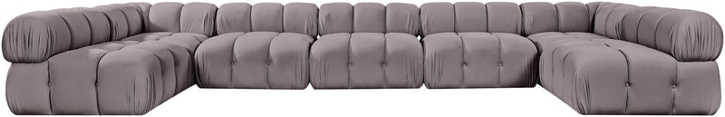 Gray U-shaped modular sectional sofa with tufted square cushions and rounded armrests