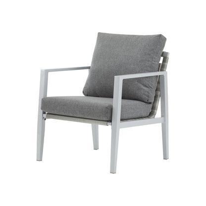 Gray lounge chair with rope accent detail, fabric armrest, and padded seat and back cushion
