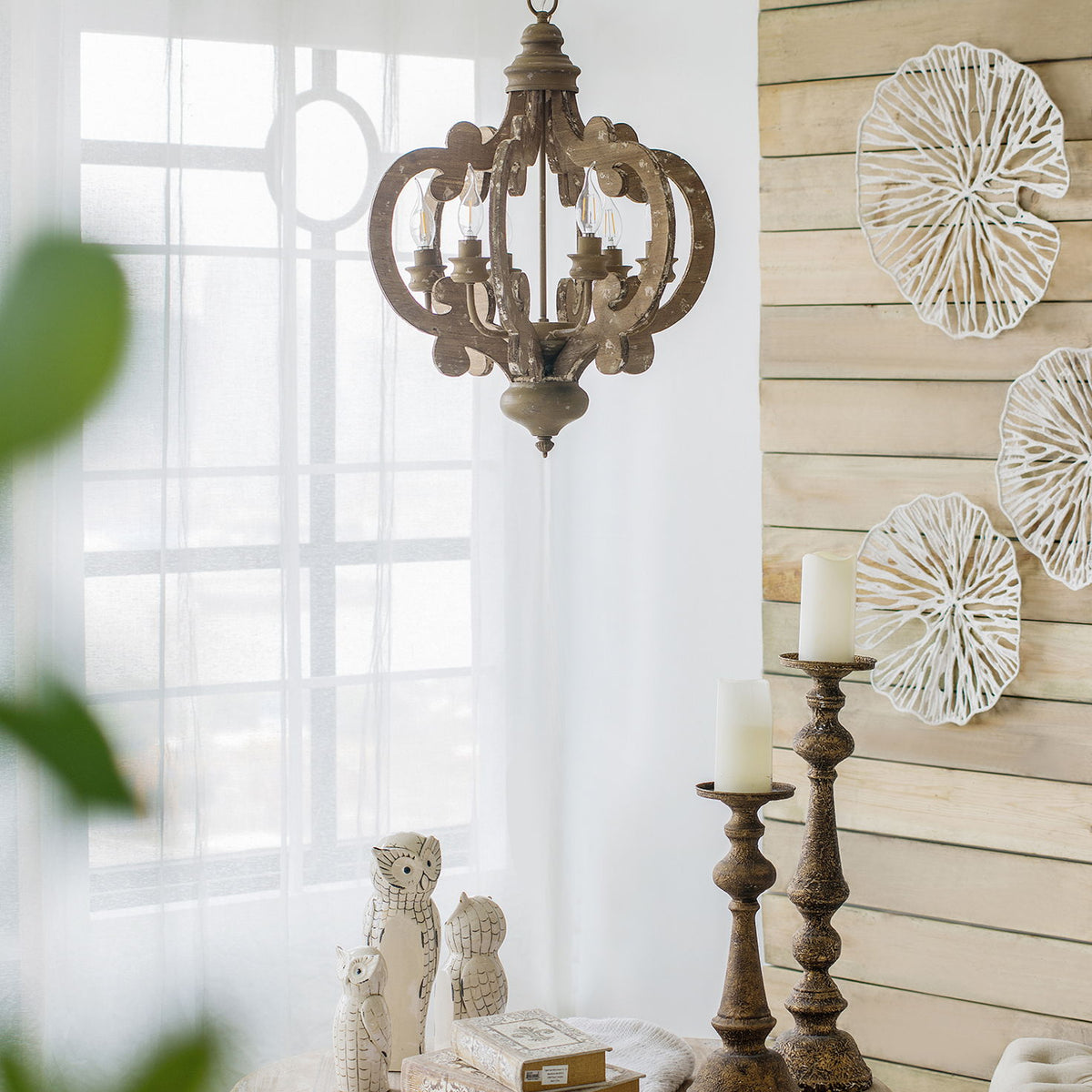 Farmhouse Chandelier, 6 Light Wood Chandelier Pendant Light Fixture With Adjustable Chain For Dining Room Living Room Entryway, Bulb Not Included