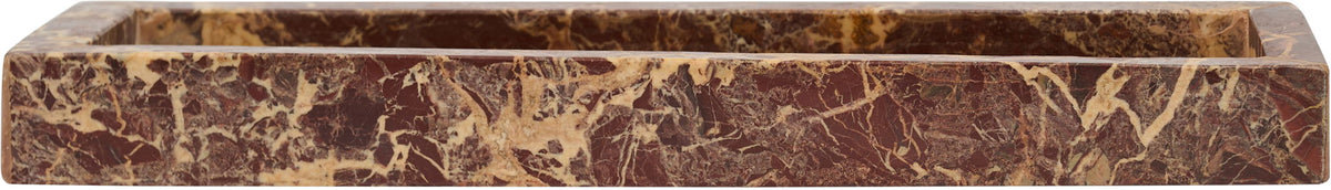 Long dark red marble tray with marbled pattern and raised rim.