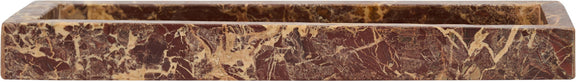 Long dark red marble tray with marbled pattern and raised rim.