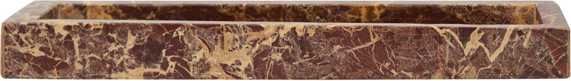 Long dark red marble tray with marbled pattern and raised rim.