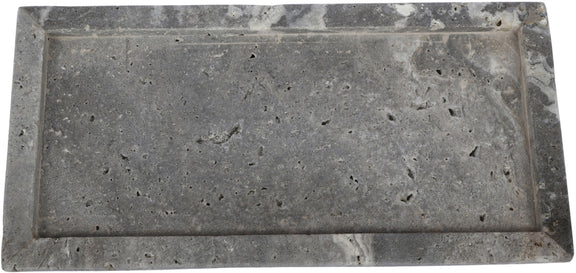 Gray travertine tray with raised rim and speckled stone texture