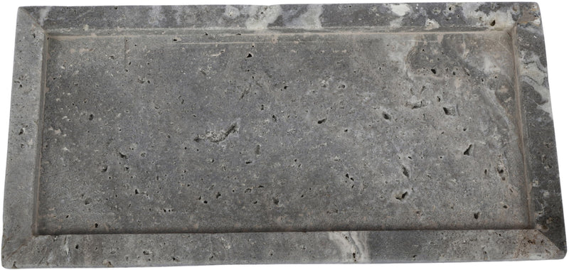 Gray travertine tray with raised rim and speckled stone texture