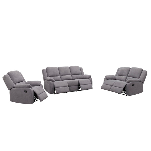 Gray 3-piece reclining sofa set with two single recliners and center loveseat, padded backs