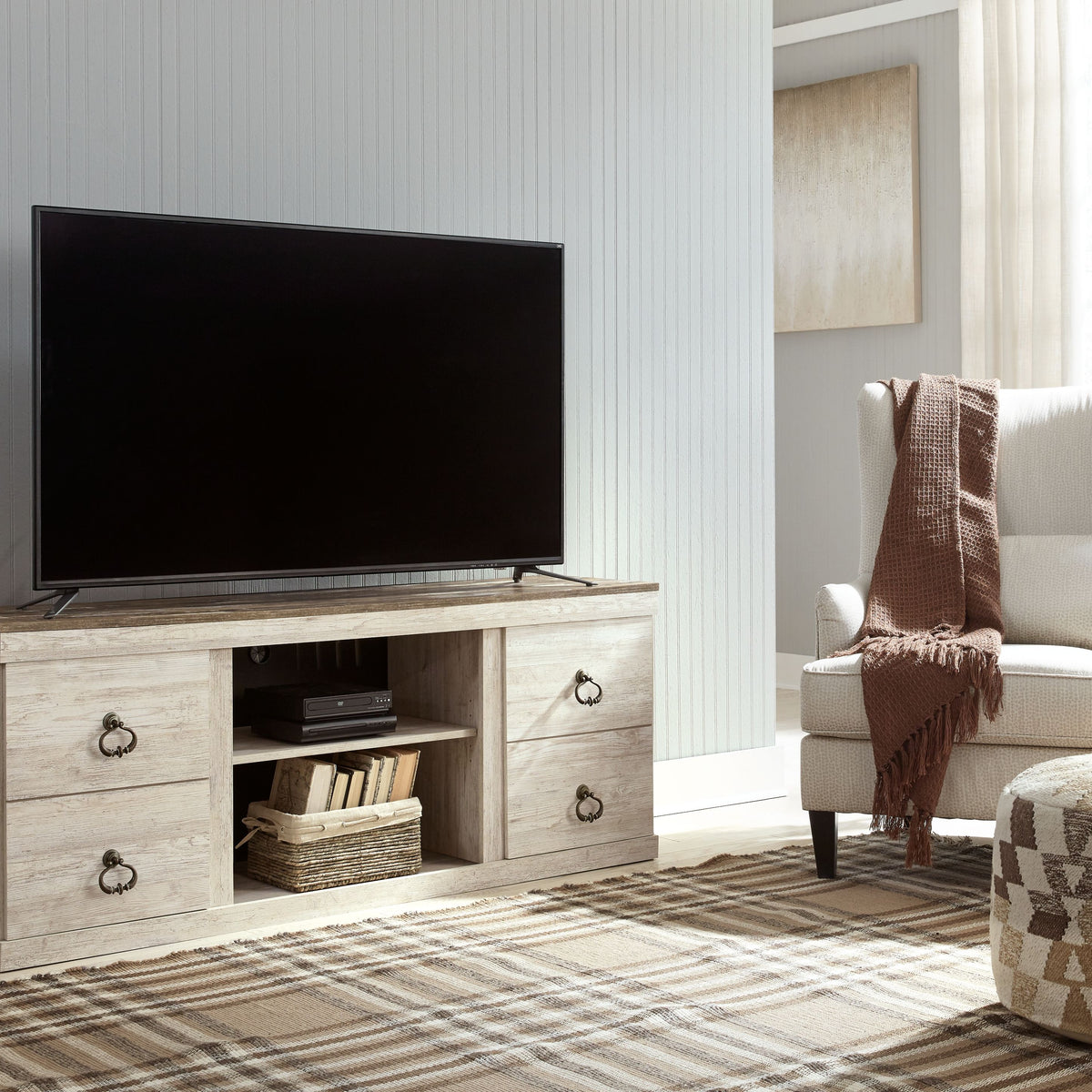 Willowton - Whitewash - 2 Pc. - TV Stand with Faux Firebrick Fireplace Insert