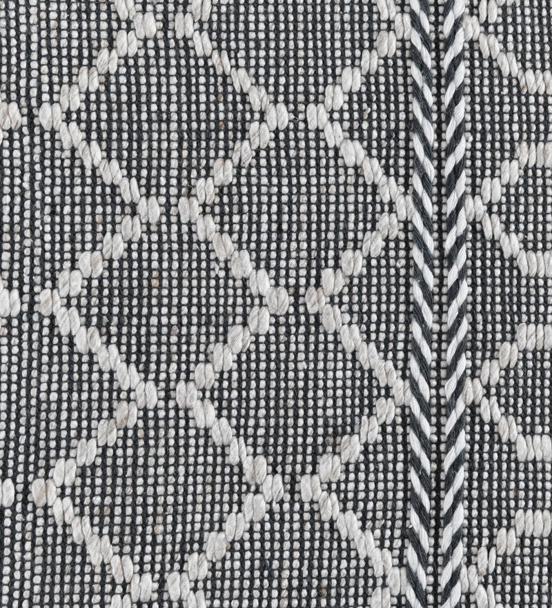 Close-up of black indoor/outdoor rug with white diamond shapes and dotted texture