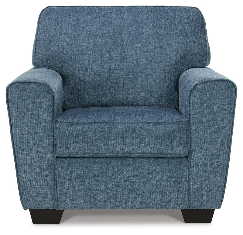 Blue upholstered accent chair with tall backrest, box seat cushion, and black legs
