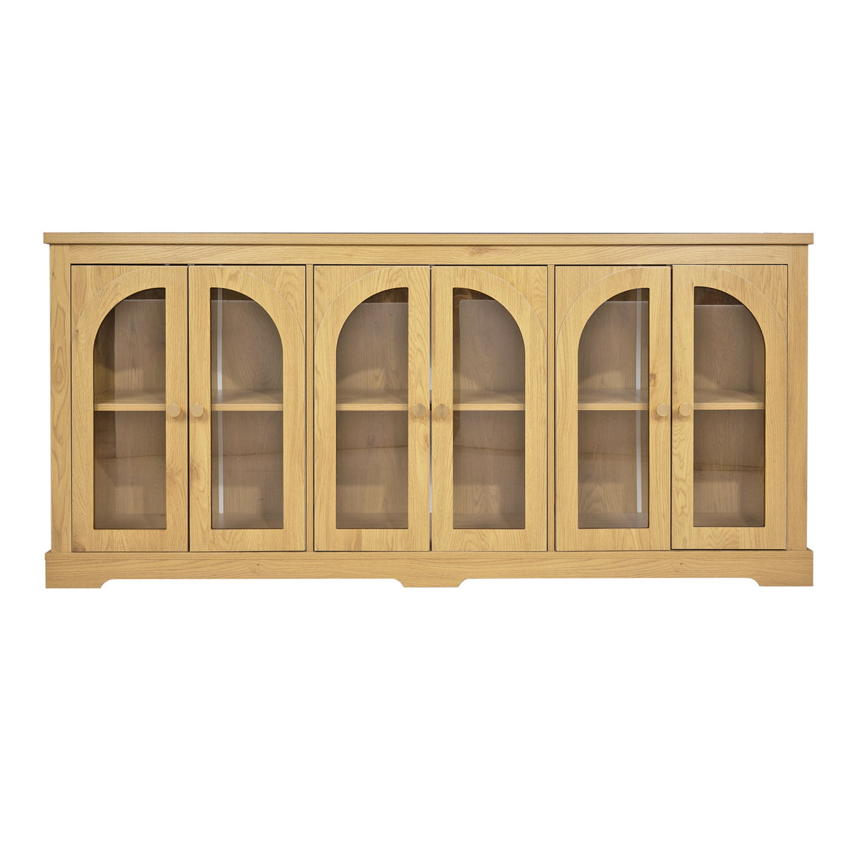 Light brown arched glass sideboard with 6 doors and brass knobs, cabinet storage