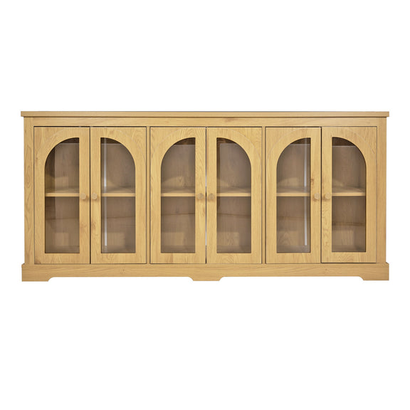 Light brown arched glass sideboard with 6 doors and brass knobs, cabinet storage