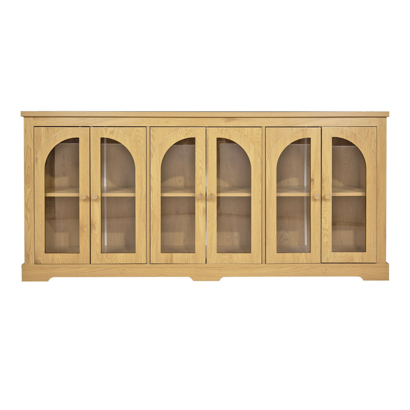 Light brown arched glass sideboard with 6 doors and brass knobs, cabinet storage