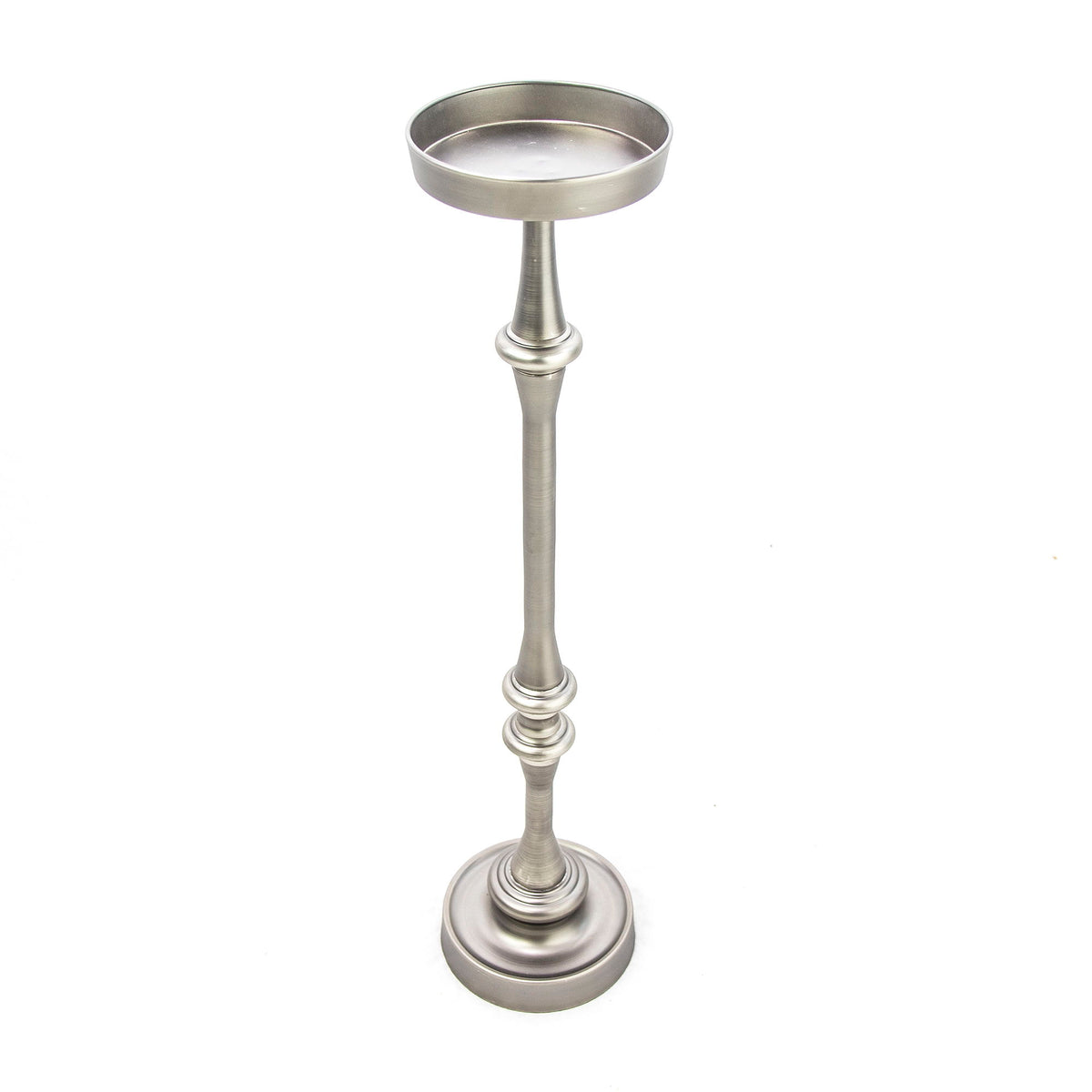 Silver martini-style side table with round top and fluted pedestal base