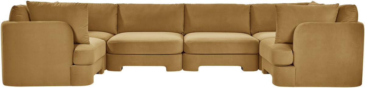 Camel brown velvet U-shaped sectional sofa, 6-piece set with upholstered cushions.