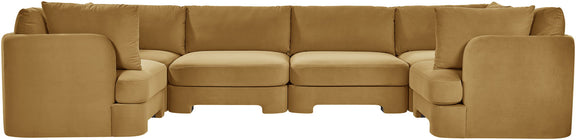 Camel brown velvet U-shaped sectional sofa, 6-piece set with upholstered cushions.