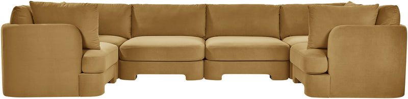 Camel brown velvet U-shaped sectional sofa, 6-piece set with upholstered cushions.