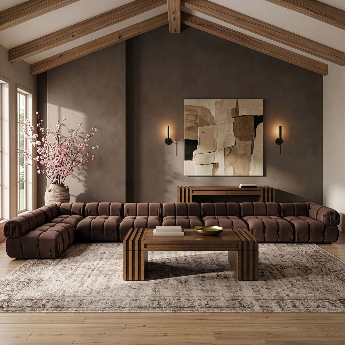 Dark brown velvet L-shaped sectional sofa with rounded modular chaise sections