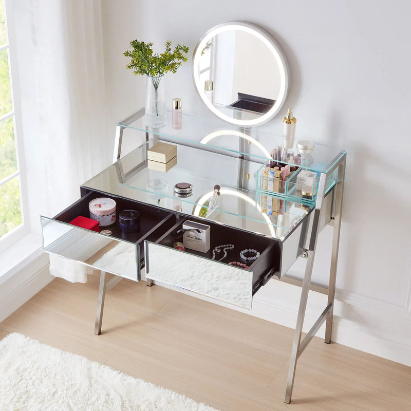33.9" Mirrored Makeup Vanity Desk With Mirror And Lights, Mirrored Console Vanity Table With 2 Big Drawers & Open Shelf, Dressing Table With Charging Station For Bedroom - Silver