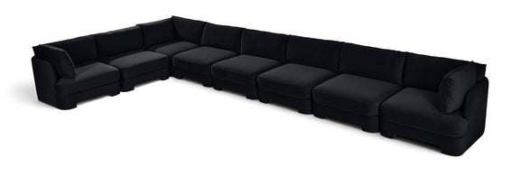 Velvet L-shaped sectional sofa in black, 8-piece modular seating with deep cushions