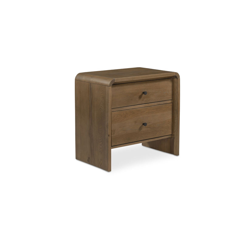 Oak nightstand in three-quarter view with two drawers and dark knobs