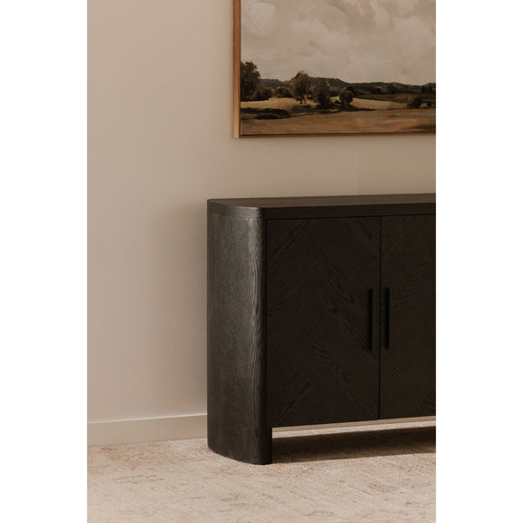 Black sideboard with two door panels, vertical bar handles, and rounded legs
