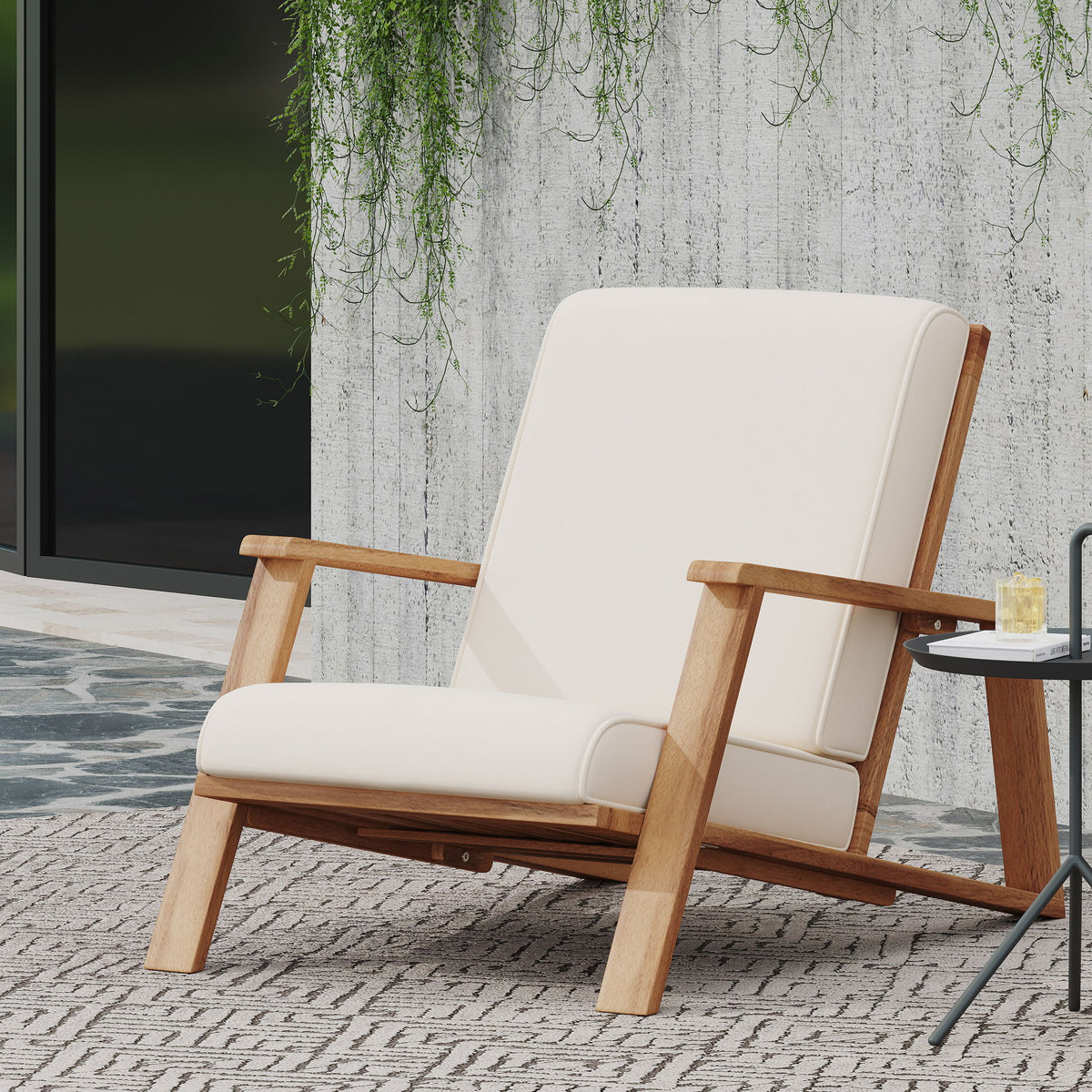 Beige outdoor lounge chair with padded seat and back, light wood armrests