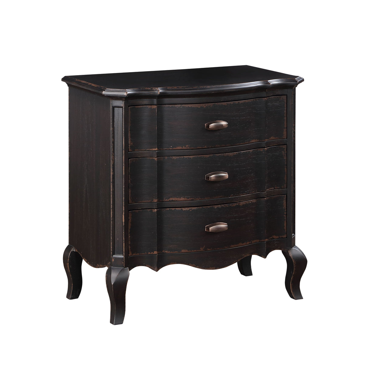 Black nightstand with three drawers, curved legs, and silver cup pulls.