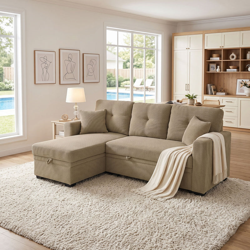 Light brown sectional sofa with reversible chaise and two throw pillows