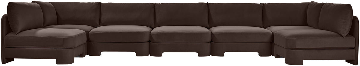 Dark brown velvet performance fabric U-shaped armless sectional with deep cushioned seats.