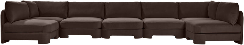 Dark brown velvet performance fabric U-shaped armless sectional with deep cushioned seats.