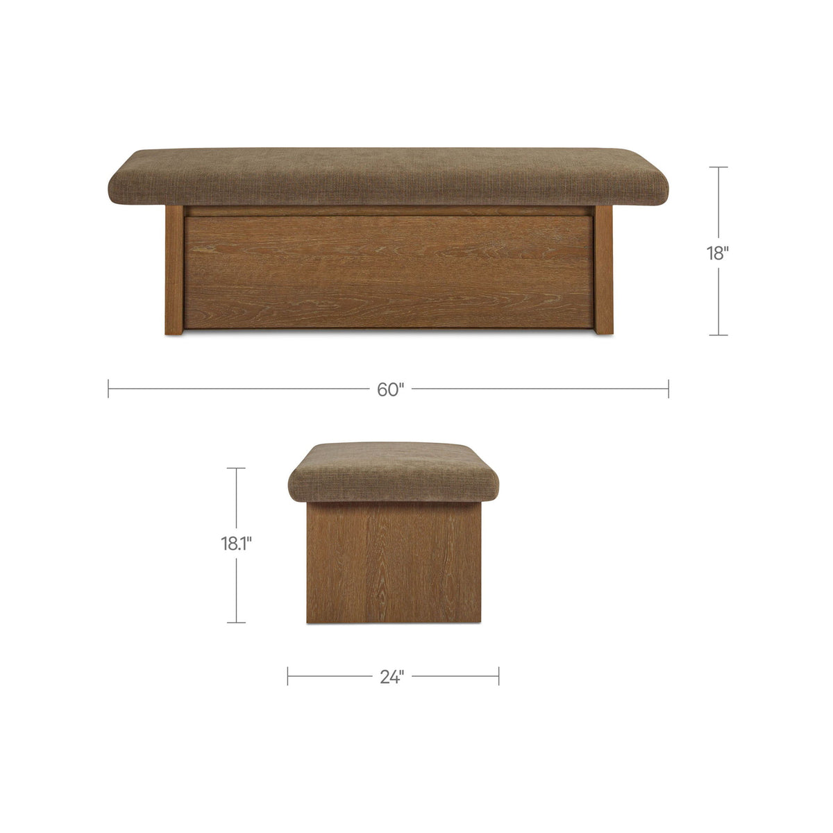 Taupe storage bench, padded seat over wooden storage compartment with cabinet panel