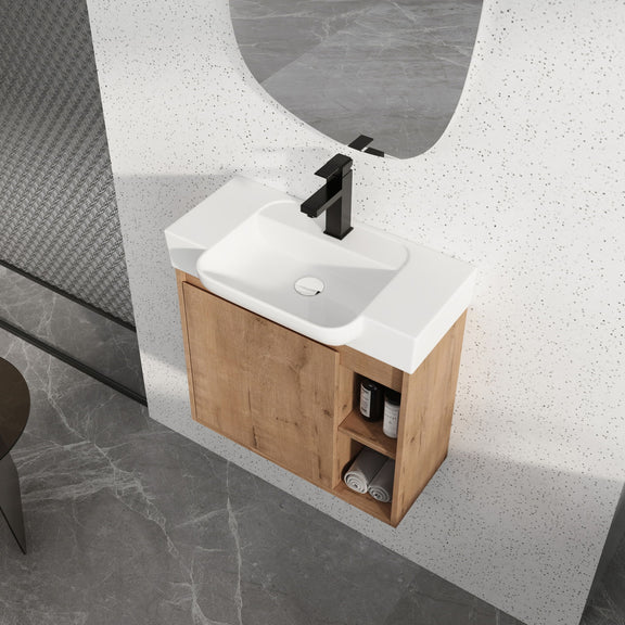 Bathroom vanity with dark wood cabinet, white sink, and lower cabinet storage with door