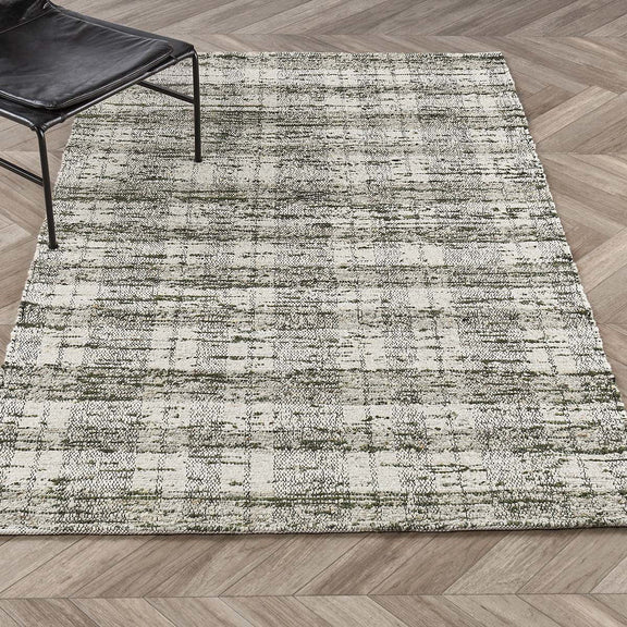 Flatweave-style abstract area rug, light ivory with dark blue speckling