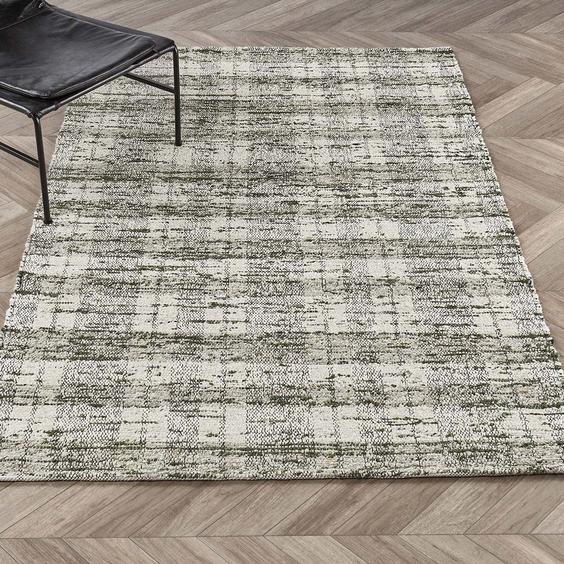 Flatweave-style abstract area rug, light ivory with dark blue speckling