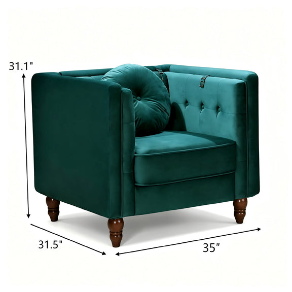 Dark green tufted accent side chair with square arms and cushioned seat