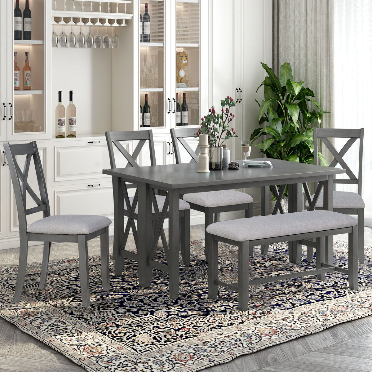 Gray dining table with four cross-back chairs and bench, 6-person foldable set