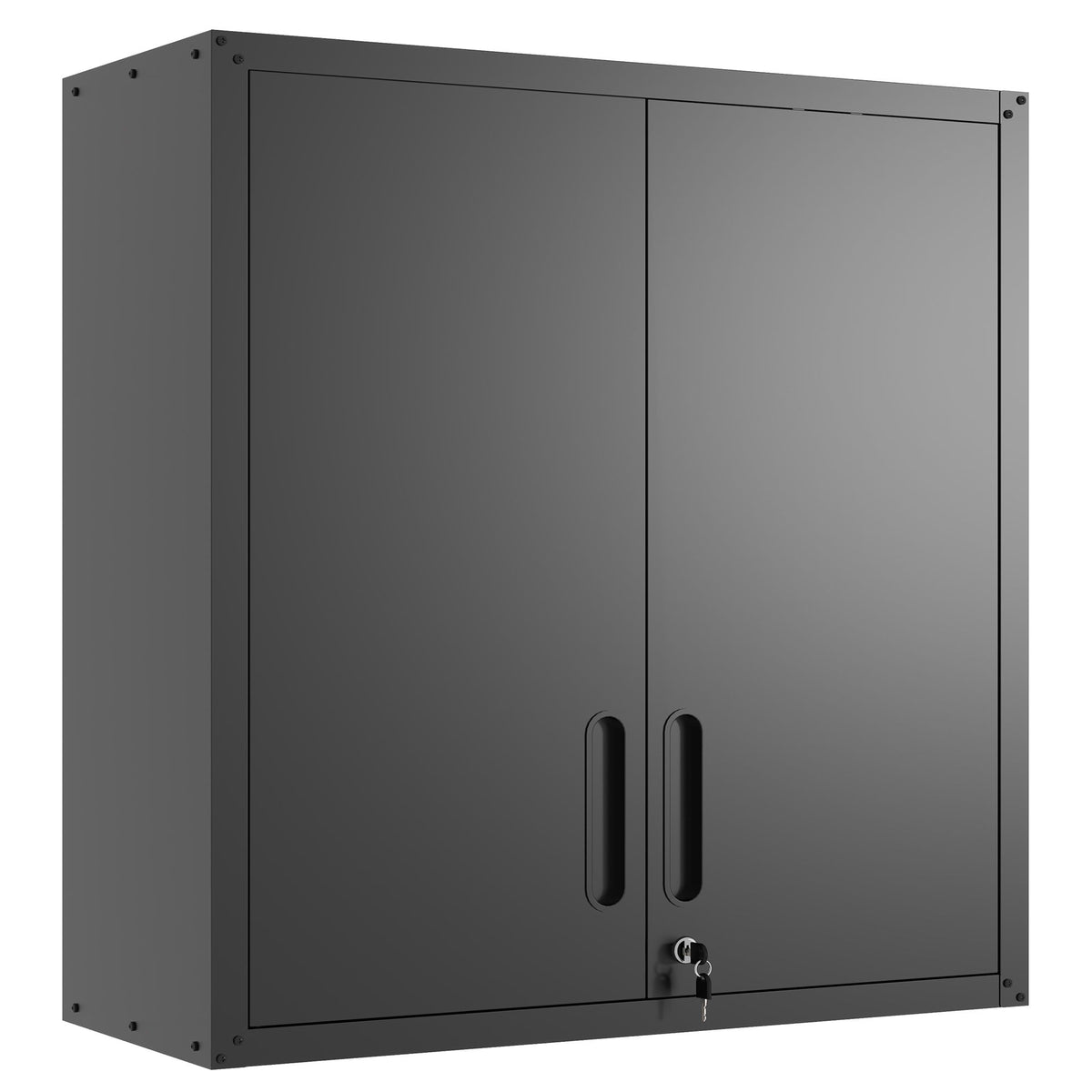 Gray metal wall-mounted tool storage cabinet with two locking doors and center key lock handle
