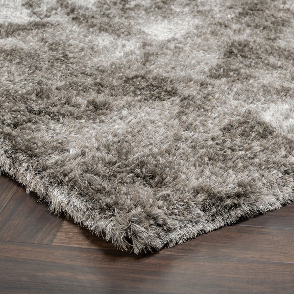 Carter shag rug, gray, close-up of looped high-pile texture and rug corner