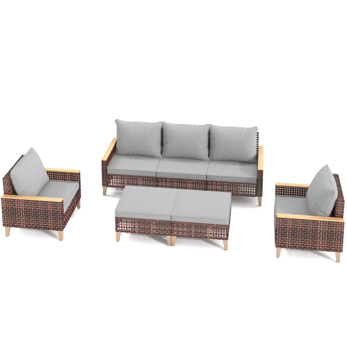5 Piece Rattan Terrace Furniture Set, 7 Seats Cushions, High Footed Design