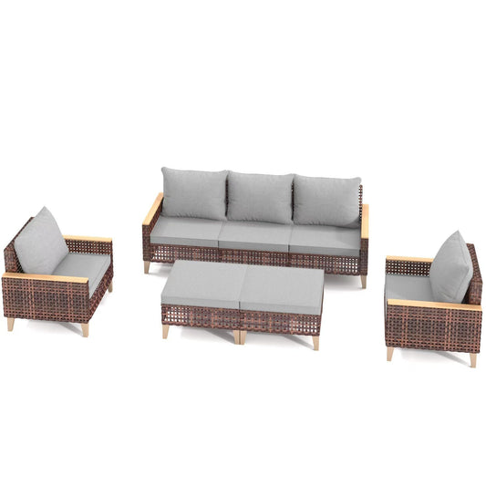 5 Piece Rattan Terrace Furniture Set, 7 Seats Cushions, High Footed Design